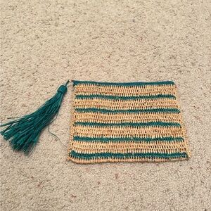 Striped Teal and Natural Woven Clutch with Tassel